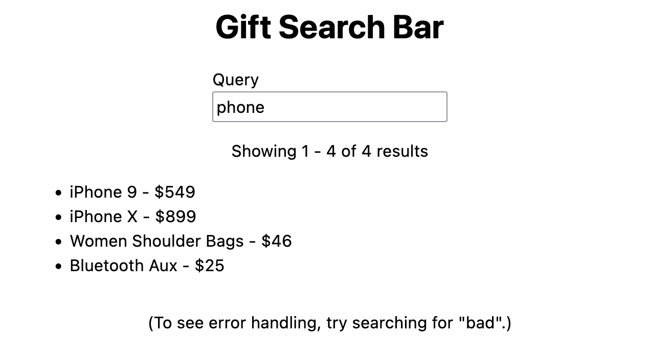 Screenshot of the product search demo. It shows a text input labelled 'Query' with the text 'phone' inside. Four results are displayed in a bulleted list.