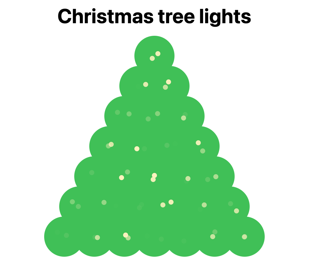 Screenshot of the Christmas lights demo. It shows a 7-layer Christmas tree made out of overlapping circles. Small yellow circles are also on the tree, representing Christmas lights.