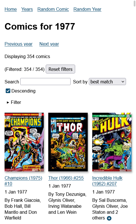 Screenshot of the 1977 comics page. The first three titles are shown: Champions #10, Thor #255, and Incredible Hulk #207
