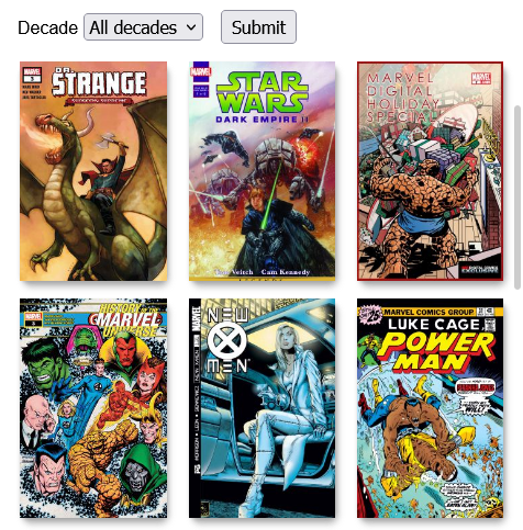 Screenshot of the random comics page. 6 covers are shown: Dr. Strange Sorcerer Supreme, Star Wars Dark Empire II1, Marvel Digital Holiday Special, History of the Marvel Universe, New X-Men, and Luke Cage: Power Man.
